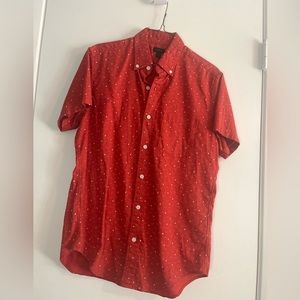 Men’s red button up shirt with white polkadots